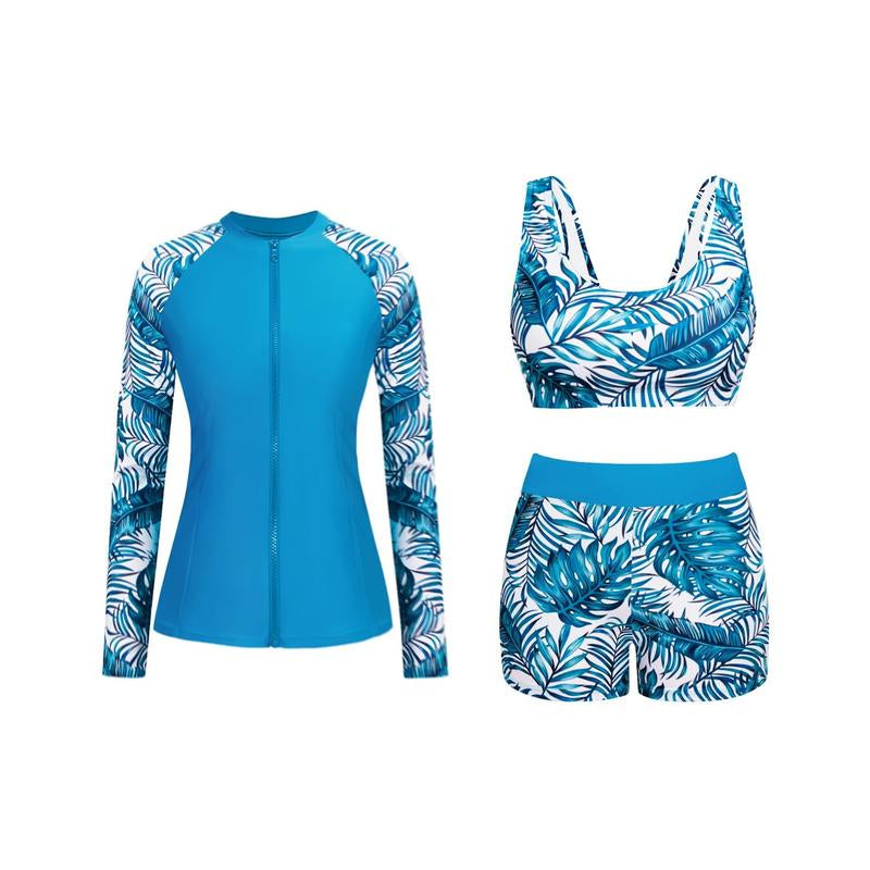 Holipick Long Sleeve Swimsuits for Women - Three Piece Rash Guard with Shorts Zipper SPF Swim Shirt with Built in Bra