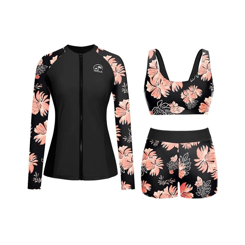 Holipick Long Sleeve Swimsuits for Women - Three Piece Rash Guard with Shorts Zipper SPF Swim Shirt with Built in Bra