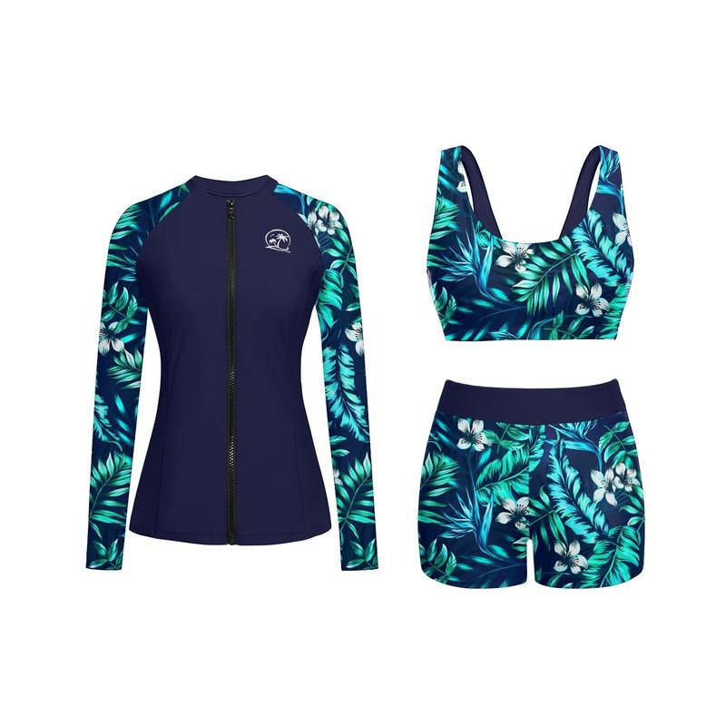 Holipick Long Sleeve Swimsuits for Women - Three Piece Rash Guard with Shorts Zipper SPF Swim Shirt with Built in Bra