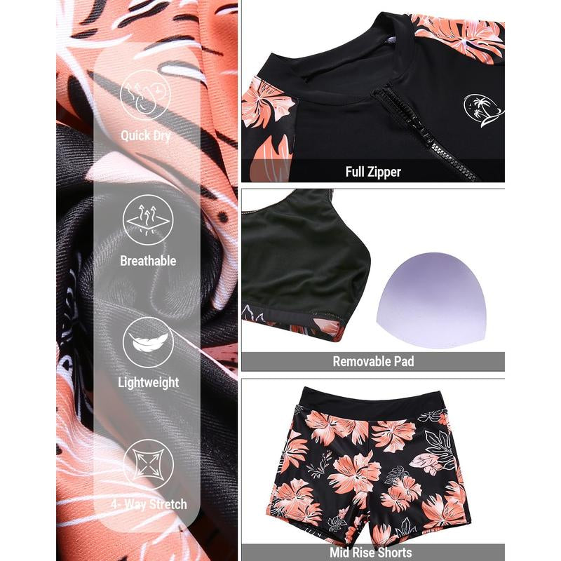 Holipick Long Sleeve Swimsuits for Women - Three Piece Rash Guard with Shorts Zipper SPF Swim Shirt with Built in Bra