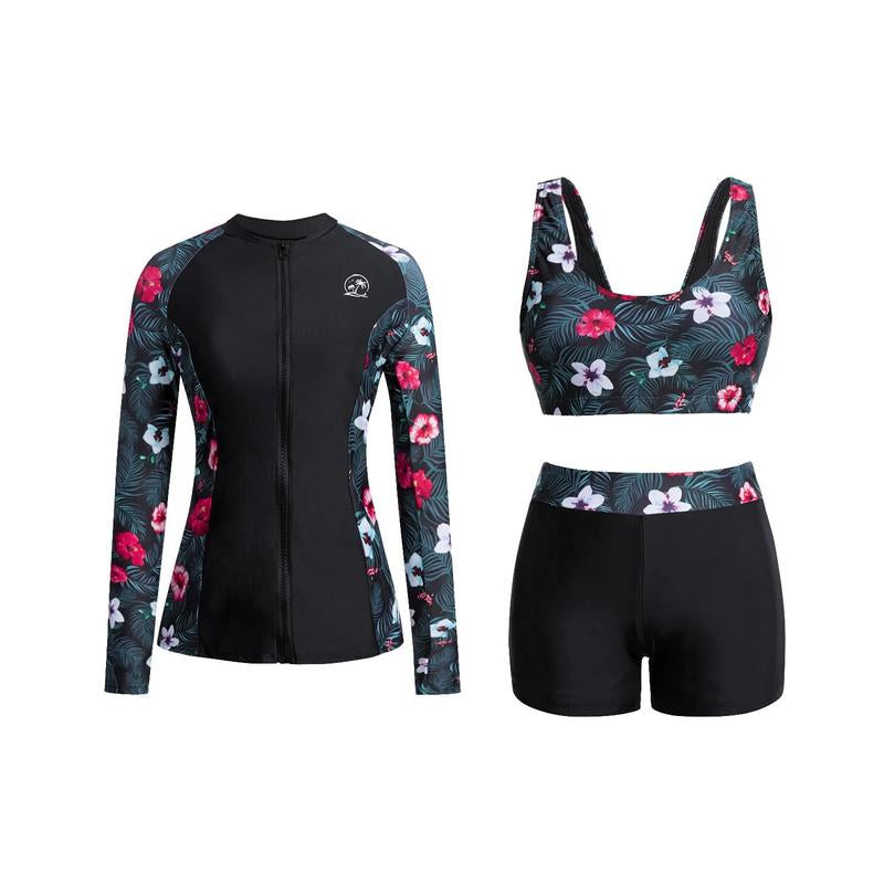 Holipick Long Sleeve Swimsuits for Women - Three Piece Rash Guard with Shorts Zipper SPF Swim Shirt with Built in Bra
