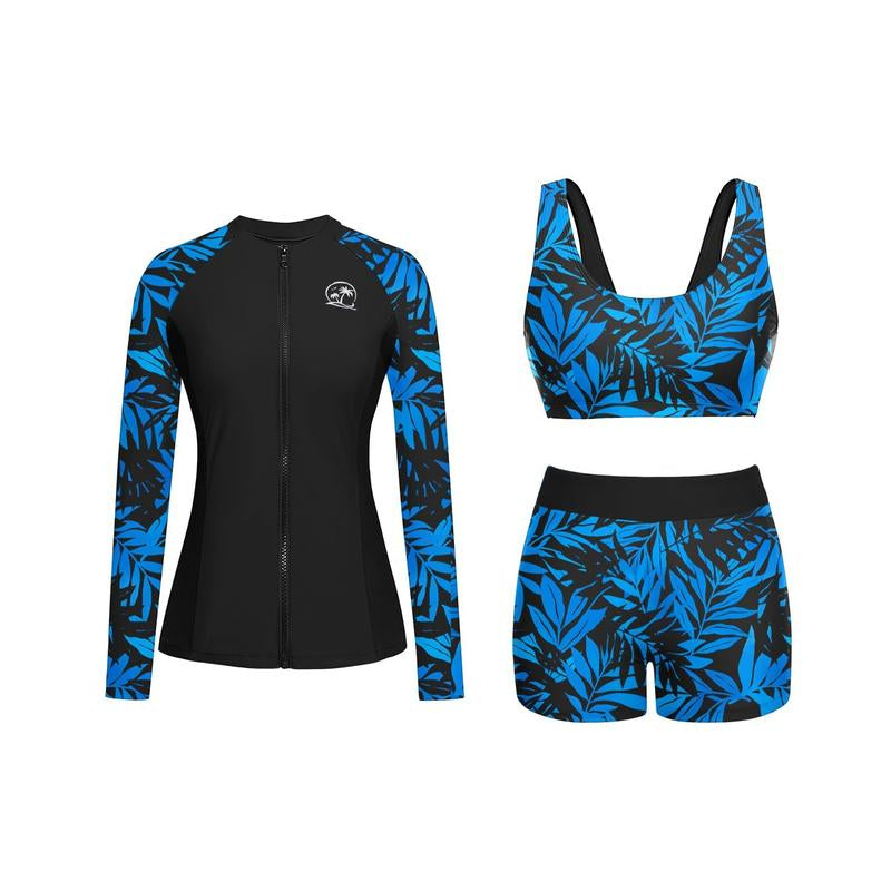 Holipick Long Sleeve Swimsuits for Women - Three Piece Rash Guard with Shorts Zipper SPF Swim Shirt with Built in Bra