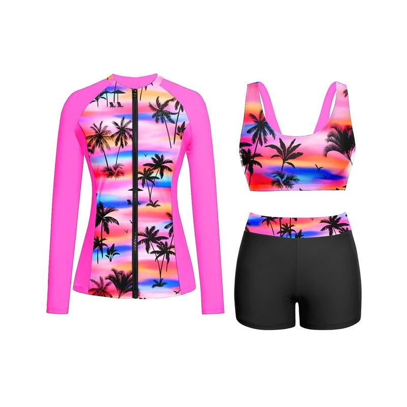 Holipick Long Sleeve Swimsuits for Women - Three Piece Rash Guard with Shorts Zipper SPF Swim Shirt with Built in Bra