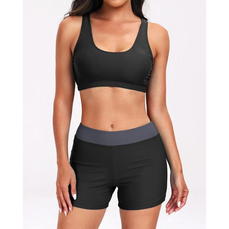Holipick Long Sleeve Swimsuits for Women - Three Piece Rash Guard with Shorts Zipper SPF Swim Shirt with Built in Bra