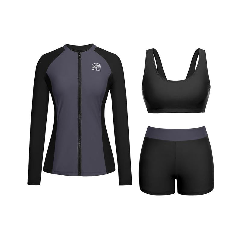 Holipick Long Sleeve Swimsuits for Women - Three Piece Rash Guard with Shorts Zipper SPF Swim Shirt with Built in Bra