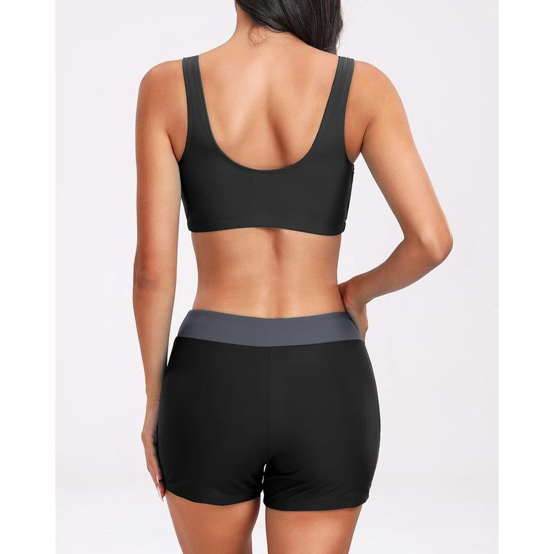 Holipick Long Sleeve Swimsuits for Women - Three Piece Rash Guard with Shorts Zipper SPF Swim Shirt with Built in Bra