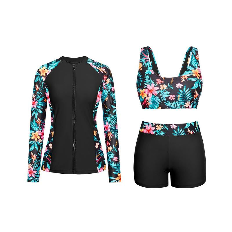 Holipick Long Sleeve Swimsuits for Women - Three Piece Rash Guard with Shorts Zipper SPF Swim Shirt with Built in Bra